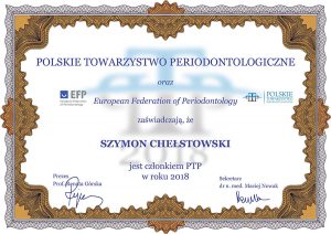 Polskie Towarzystwo Perdiodontologiczne certyfikat Szymon Chełstowski